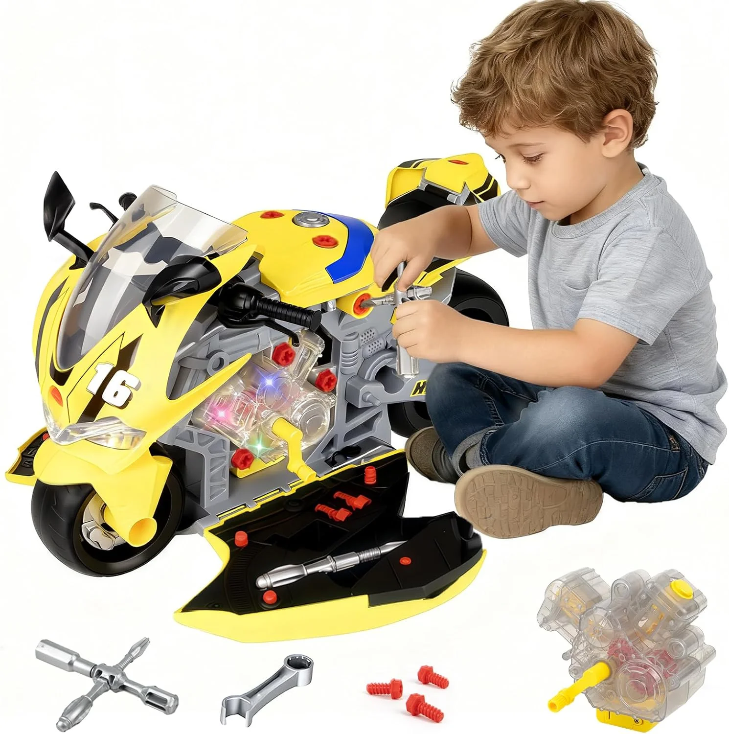 Take Apart Motorcycle Toys Kids Mechanic Repair Set for Toddlers 3-5, Interactive Toy Engine Building Kit with Sounds, Lights & Spray, STEM Educational Gift Toys for 3 4 5 6 7 Year Old Boys Girls