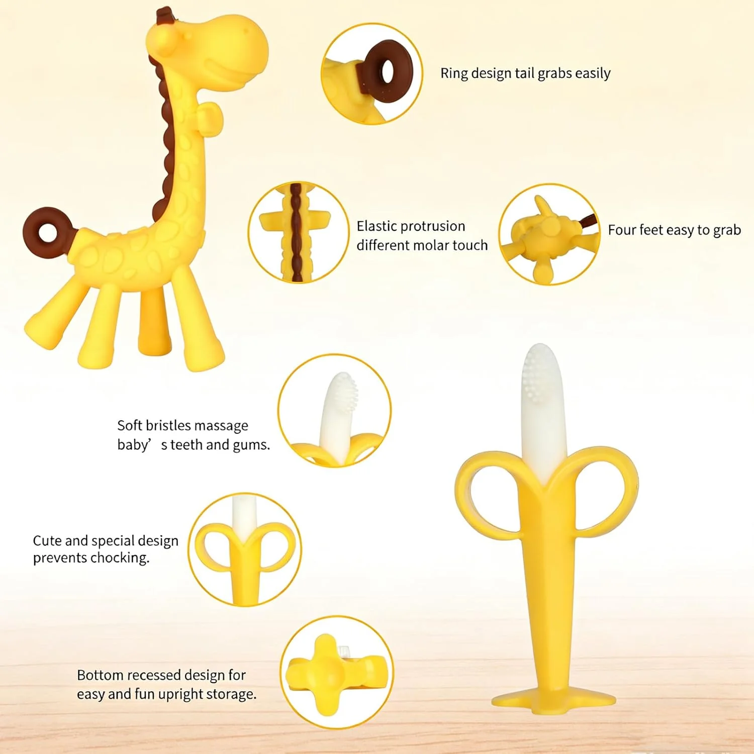 Baby Teething Toys 3-6 Months, Silicone Baby Teether Freezer BPA Free, Babies Teething Relief Sore Gums, Banana Toothbrush, Fruit Shape Giraffe Newborn Teether Gift for Infant Boy and Girl