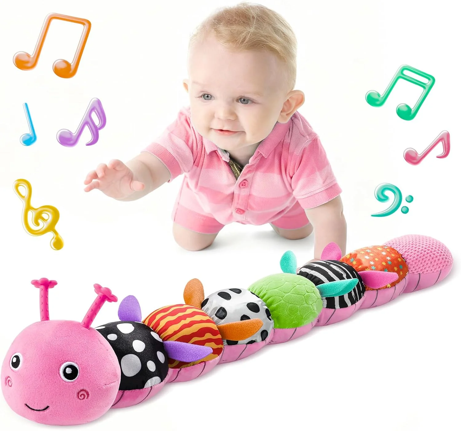 Baby Toys 6-12 Months Musical Caterpillar,Stuffed Animals Infant Toys 0-6 Months Sensory Toy with Ruler Design,Crinkle&Ring Bell,Baby Teething Toys for Tummy Time Boy Girl Gifts