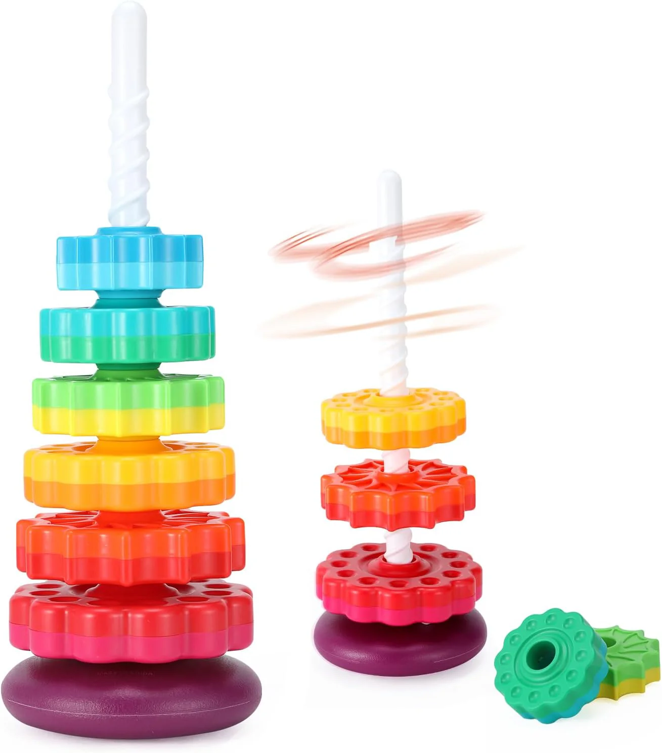 Baby Spinning Stacking Toys, 1-3 Rainbow Ring Stacker Montessori Toys for Babies, Sensory Toys for Toddlers, Christmas and Birthday Gifts Suitable for Boys and Girls (14 inches)